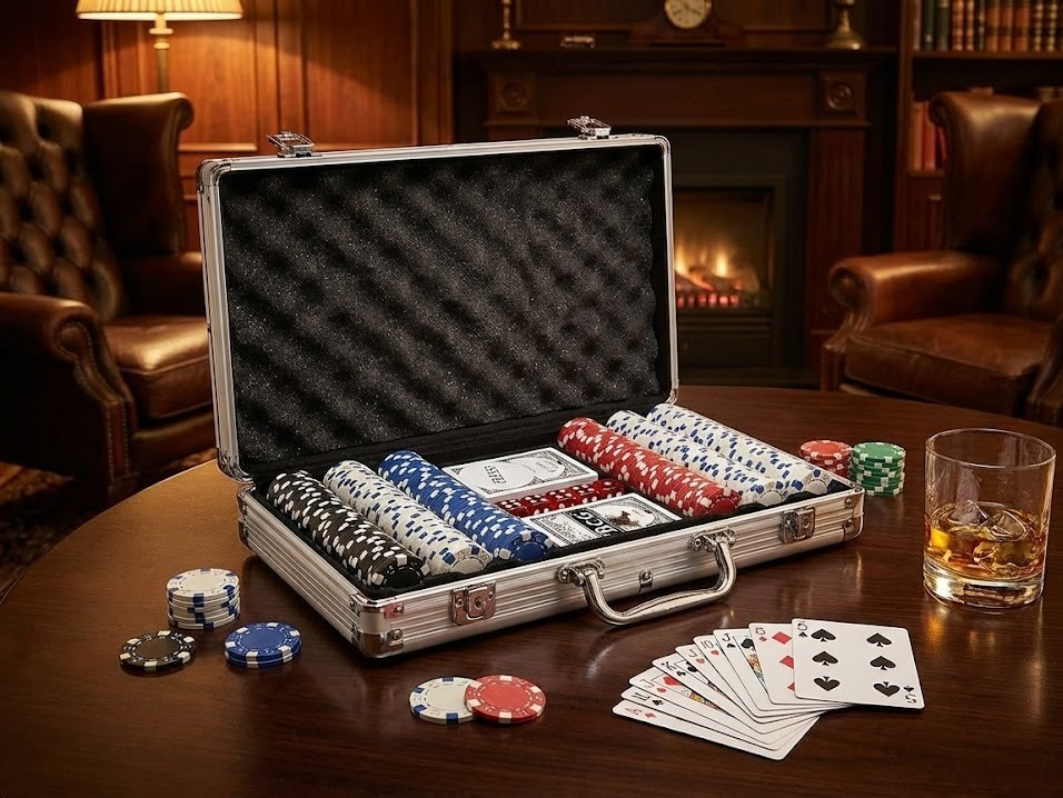 Deluxe Poker Set 200 Jetons 2 Kartendecks Würfel Alu Koffer